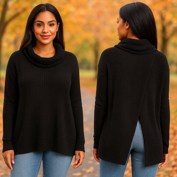 NWT Free People Juicy Black Waffle Knit Open Back Oversized Long Sleeve Top Sz M - Picture 1 of 13